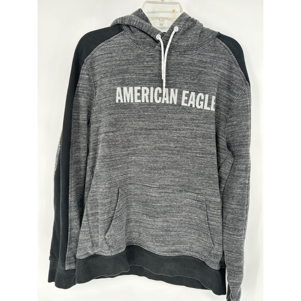 American Eagle Mens Hoodie Gray Heather Black Raglan Graphic Logo Size M
